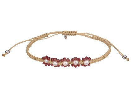Silver woven bracelet with czech garnet and pearl, rhodium plated