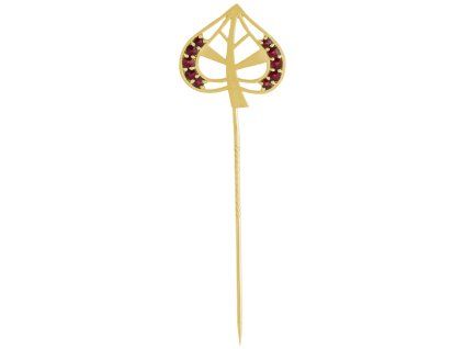 Silver needle with czech garnet, gold plated - linden leaf