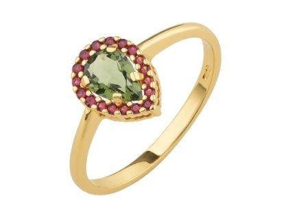 Gold ring with czech garnet and moldavit - drop