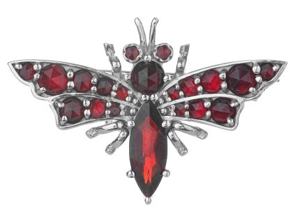 Silver brooch with czech garnet, rhodium plated, animal - butterfly                                 