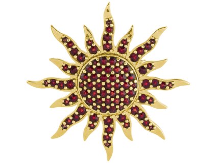 Silver brooch with czech garnet, gold plated - sun                                                  