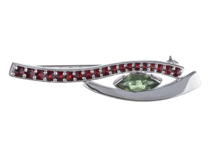 Silver brooch with czech garnet and moldavite, rhodium plated - wave                                