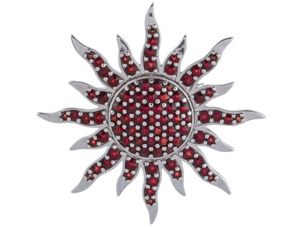 Silver brooch with czech garnet, rhodium plated - sun                                               