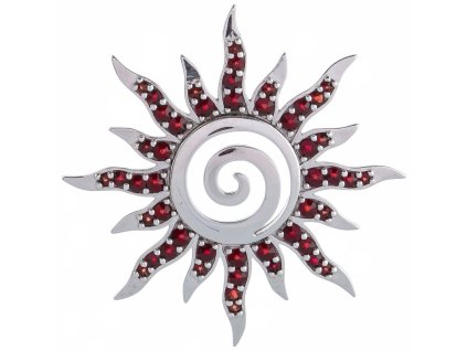 Silver brooch with czech garnet, rhodium plated - sun                                               