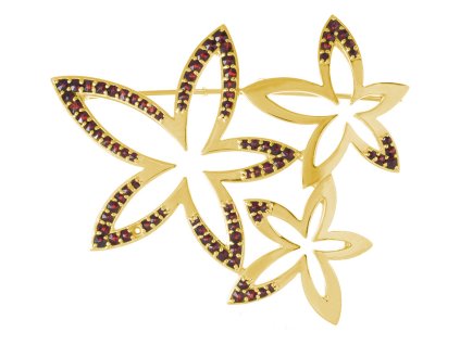 Silver brooch with czech garnet, gold plated - flower                                               