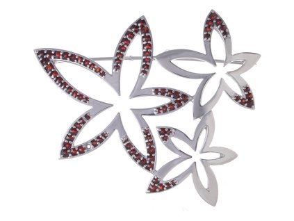 Silver brooch with czech garnet, rhodium plated - flower                                            