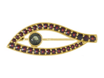 Silver brooch with czech garnet and moldavite, gold plated - wave                                   