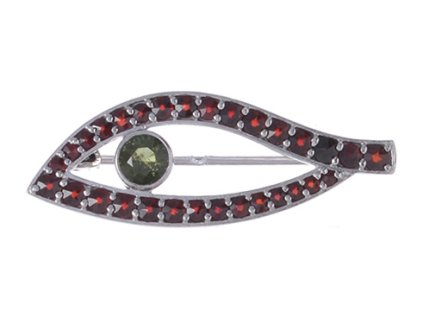 Silver brooch with czech garnet and moldavite, rhodium plated - wave                                