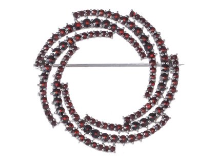 Silver brooch with czech garnet, rhodium plated - circle                                            