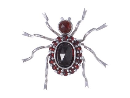 Silver brooch with czech garnet, rhodium plated, animal - spider                                    
