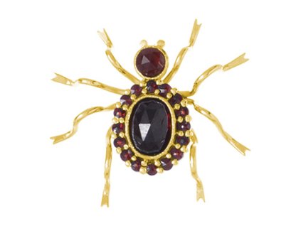 Silver brooch with czech garnet, gold plated, animal - spider                                       