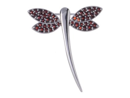 Silver brooch with czech garnet, rhodium plated, animal - dragonfly                                 
