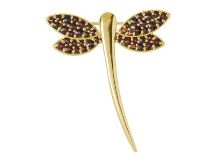Silver brooch with czech garnet, gold plated, animal - dragonfly                                    