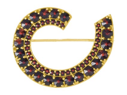 Silver brooch with czech garnet, gold plated - spiral                                               
