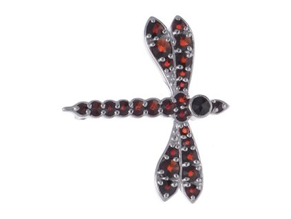 Silver brooch with czech garnet, rhodium plated, animal - dragonfly                                 