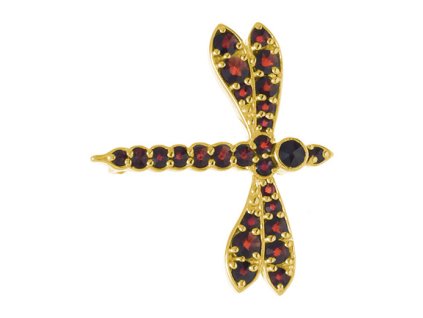 Silver brooch with czech garnet, gold plated, animal - dragonfly                                    