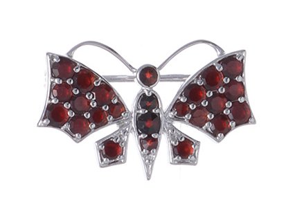 Silver brooch with czech garnet, rhodium plated, animal - butterfly                                 