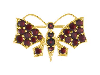 Silver brooch with czech garnet, gold plated, animal - butterfly                                    