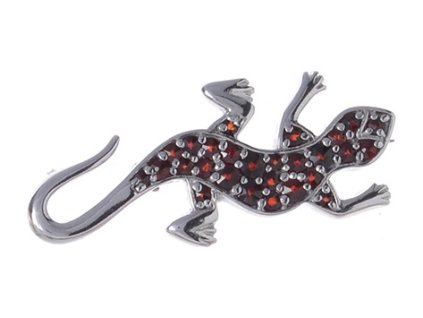 Silver brooch with czech garnet, rhodium plated, animal - gecko                                     
