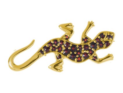 Silver brooch with czech garnet, gold plated, animal - gecko                                        