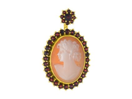 Silver brooch with czech garnet and cameo, rhodium plated - oval                                    
