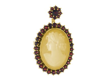 Silver brooch with czech garnet and cameo, gold plated - oval                                       