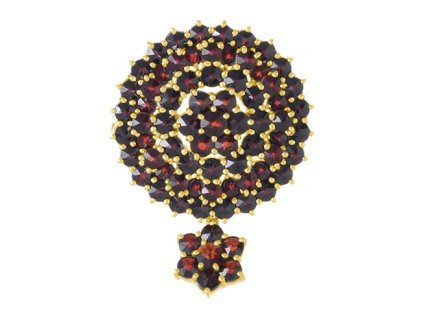 Silver brooch with czech garnet, gold plated - circle                                               