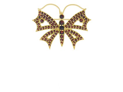 Silver brooch with czech garnet, gold plated, animal - butterfly                                    
