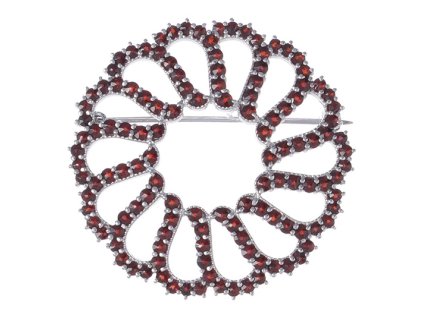 Silver brooch with czech garnet, rhodium plated - circle                                            