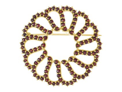 Silver brooch with czech garnet, gold plated - circle                                               