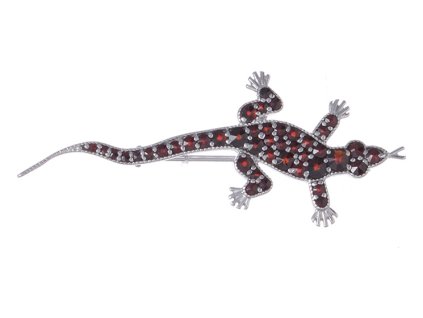 Silver brooch with czech garnet, rhodium plated, animal - gecko                                     