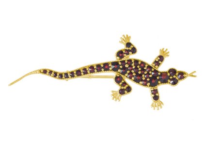 Silver brooch with czech garnet, gold plated, animal - gecko                                        