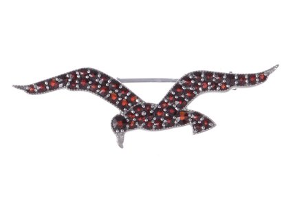 Silver brooch with czech garnet, rhodium plated, animal - bird                                      