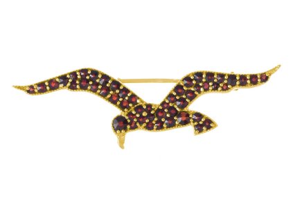 Silver brooch with czech garnet, gold plated, animal - bird                                         