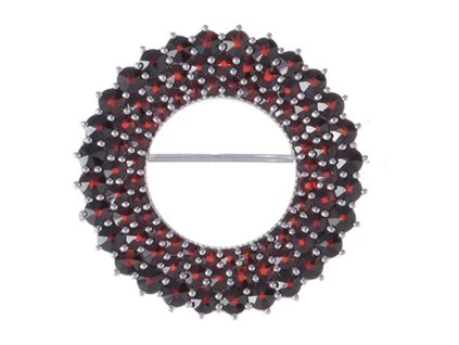 Silver brooch with czech garnet, rhodium plated - circle                                            