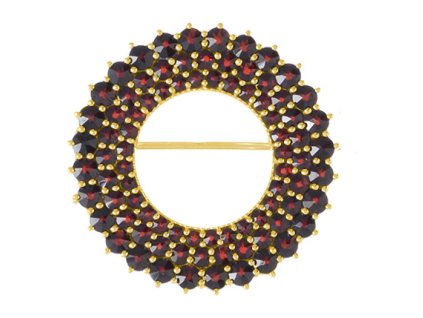 Silver brooch with czech garnet, gold plated - circle                                               