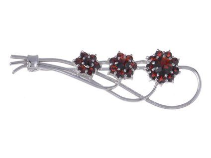 Silver brooch with czech garnet, rhodium plated - flower