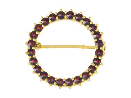 Silver brooch with czech garnet, gold plated - circle                                               