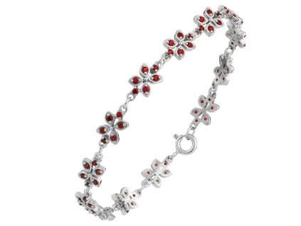 Stříbrný náramek s českým granátem, rhodiovaný - květina