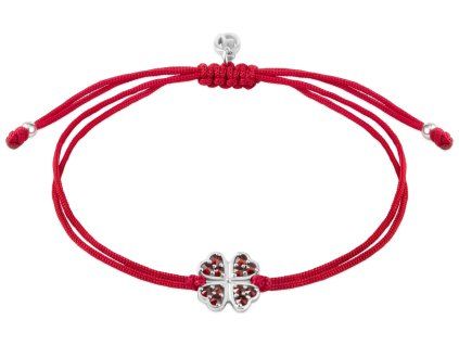 Silver woven bracelet  with czech garnet, rhodium plated - four-leaf clover