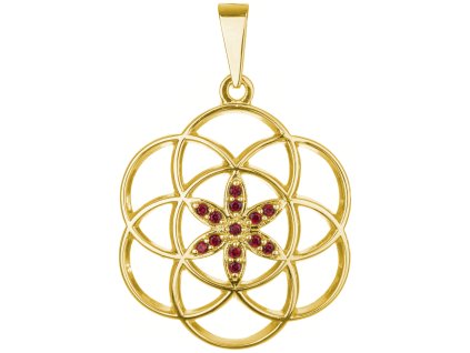 Silver pendant with czech garnet, gold plated - flower of life                                      