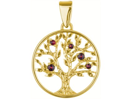 Silver pendant with czech garnet, gold plated - tree of life                                        
