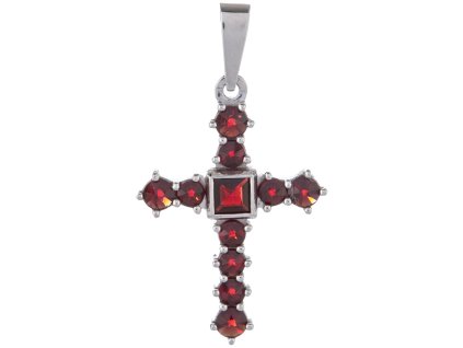 Silver pendant with czech garnet, rhodium plated - cross                                            