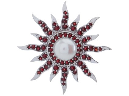 Silver pendant with czech garnet and pearl, rhodium plated - sun                                    
