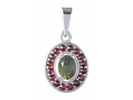 Silver pendant with czech garnet and moldavite, rhodium plated - oval                               
