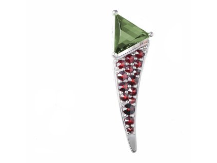 Silver pendant with czech garnet and moldavite, rhodium plated - triangle                           