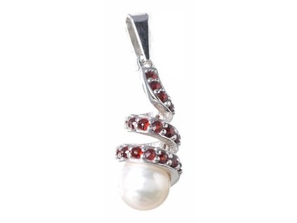 Silver pendant with czech garnet and pearl, rhodium plated - spiral                                 