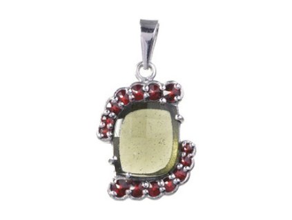 Silver pendant with czech garnet and moldavite, rhodium plated - rectangle                          