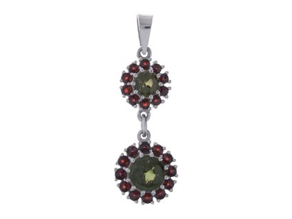 Silver pendant with czech garnet and moldavite, rhodium plated - flower                             