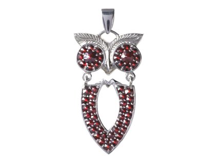 Silver pendant with czech garnet, rhodium plated, animal - owl                                      